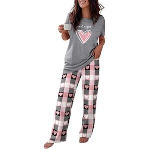 ChicMe Womens Pajama Set Gray Pink Heart Gingham Plaid Lounge Set Medium